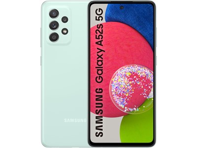 Samsung Galaxy A52s 5G smartphone in black, featuring a 128GB capacity, sleek design, and a vibrant display with a colorful background and multiple rear cameras.