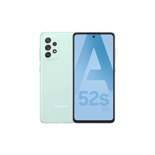 Samsung Galaxy A52s 5G smartphone in green, featuring a sleek design, a large display with a centered front camera, and a triple-camera setup on the back.