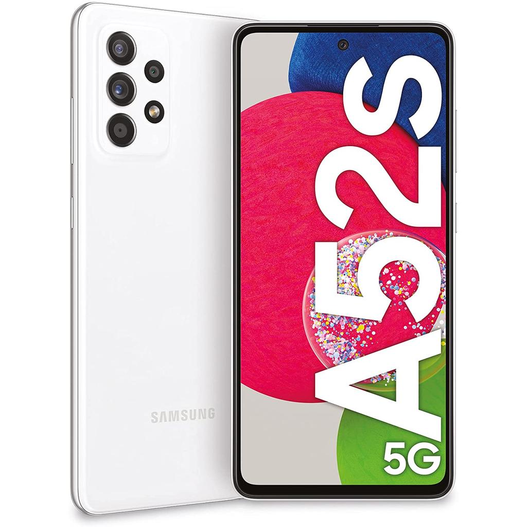 Samsung Galaxy A52s 5G smartphone in white with a 128GB capacity, featuring a vibrant display and triple rear camera setup.