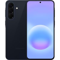 Black Samsung Galaxy A57 5G smartphone with triple rear cameras, large 6.7-inch display, and centered front camera.
