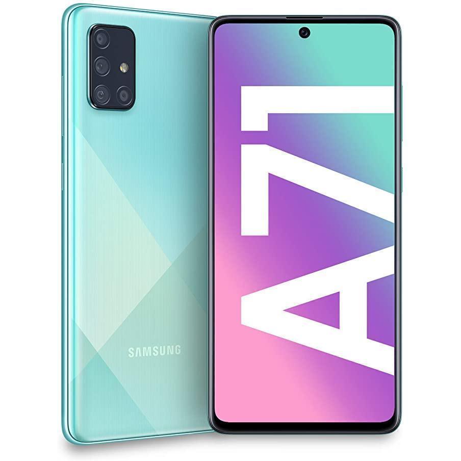 Samsung Galaxy A71 in Crush Blue, featuring a sleek glass back, large display showcasing "A71" in vibrant colors, and a premium condition with 128GB storage capacity.