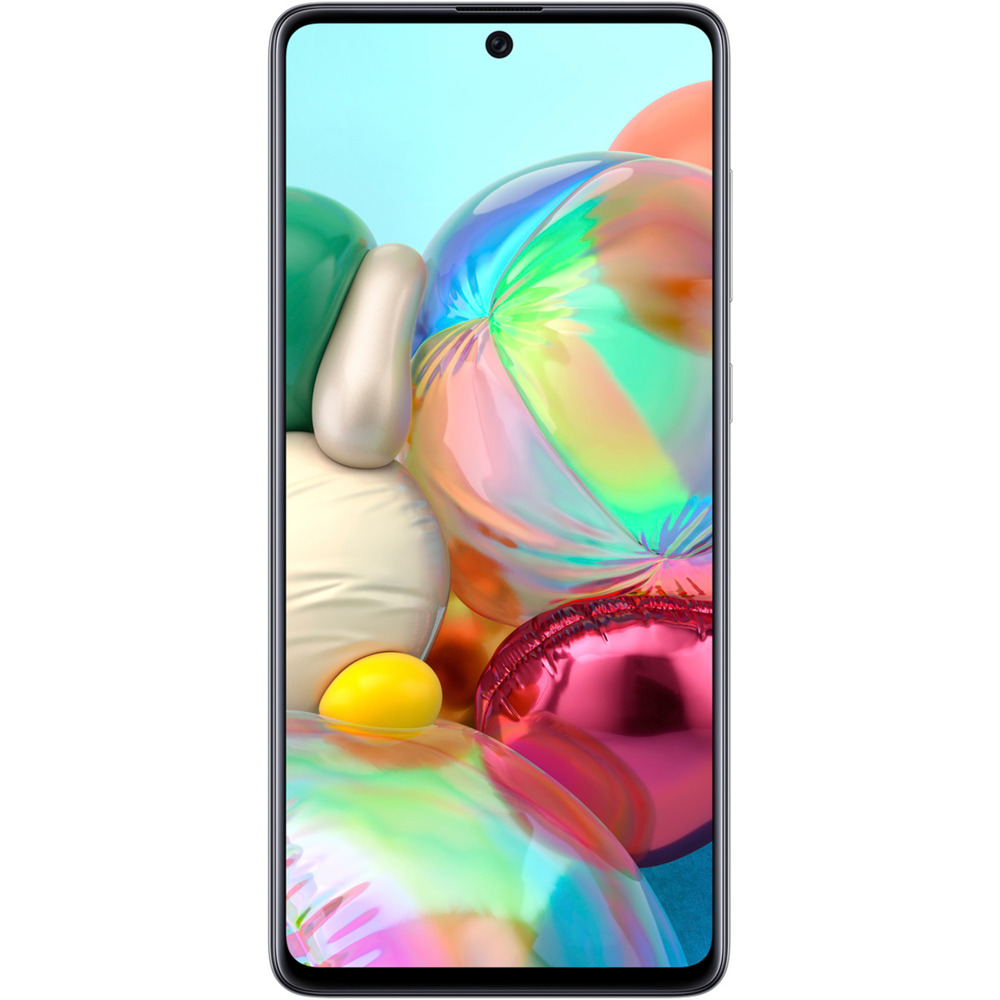 Samsung Galaxy A71 in Crush Silver with a sleek design, featuring a large display, minimal bezels, and a central front camera cutout. Capacity is 128GB, in premium condition.