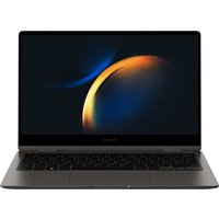Samsung Galaxy Book3 360 laptop, 13.3" touchscreen, sleek silver design, black keyboard, Windows 11 Pro Education.
