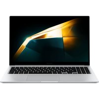 Samsung Galaxy Book4 laptop, 15.6-inch display, silver body, black keyboard, sleek design with thin bezels.