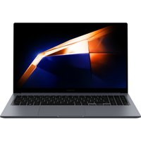 Samsung Galaxy Book4 laptop, 15.6-inch display, sleek silver design, black keyboard, vibrant screen with orange-blue graphic.