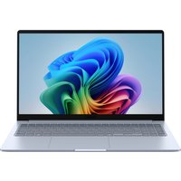 Silver Samsung Galaxy Book4 Edge laptop with 15.6" display, slim bezels, and colorful screen design.