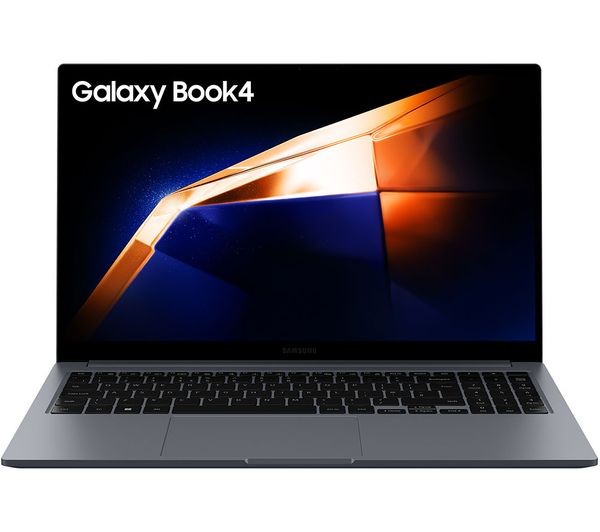Samsung Galaxy Book4 laptop in grey featuring a 15.6" Full HD display, Intel Core i3 processor, 8GB RAM, and 256GB SSD, with a sleek design and illuminated keyboard.