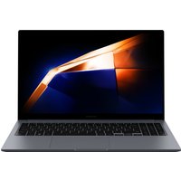 Samsung Galaxy Book4 laptop, sleek silver design, black keyboard, large display with vibrant abstract graphic.