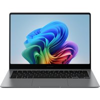 Samsung Galaxy Book5 Pro laptop, 14-inch, sleek silver design, thin bezels, vibrant display, black keyboard.