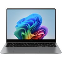 Samsung Galaxy Book5 Pro 16" laptop, sleek silver design, Core Ultra 7, 32GB RAM, vibrant display with colorful wallpaper.
