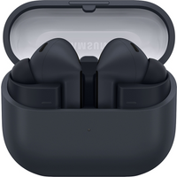 Black Samsung Galaxy Buds3 FE in open charging case with sleek design and matte finish.