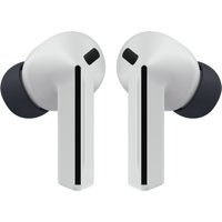 White Samsung Galaxy Buds3 FE earbuds with black accents and silicone ear tips.