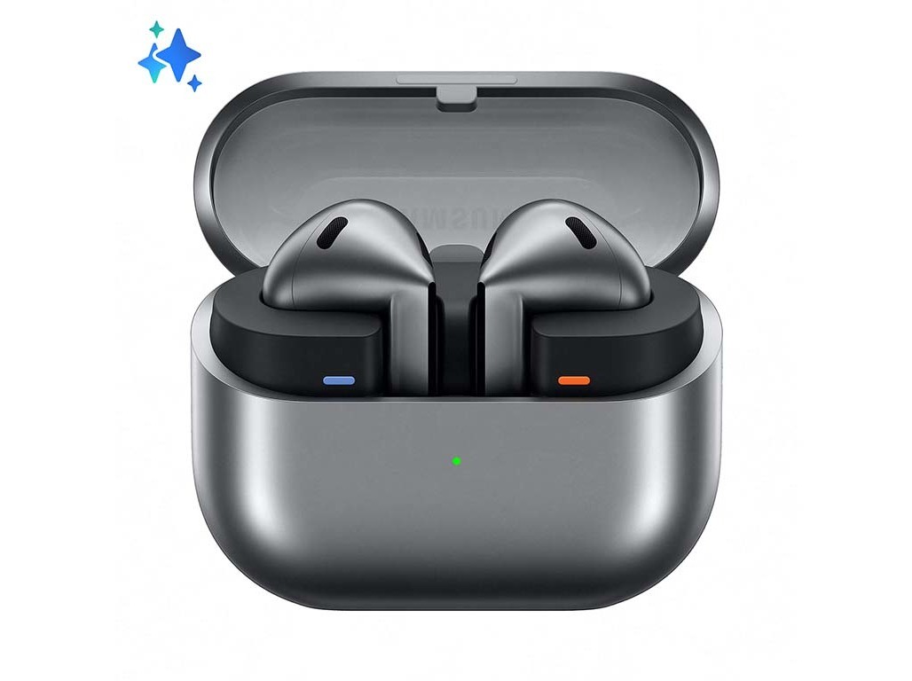 Samsung Galaxy Buds3 in a sleek gray charging case, featuring two earbuds with a glossy finish, one with an orange accent and a green LED indicator on the case.