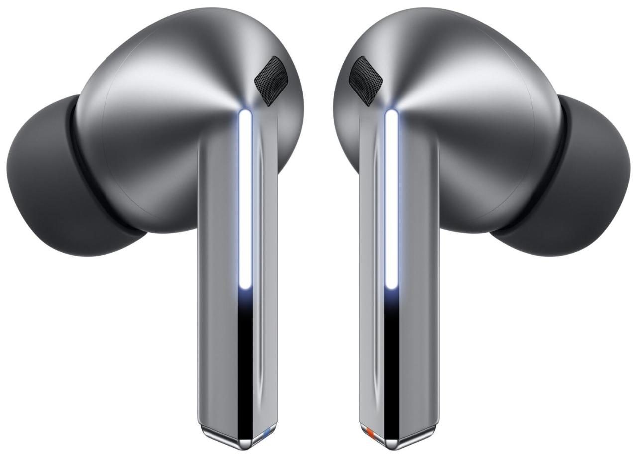 Samsung Galaxy Buds3 Pro in gray with a sleek metallic finish, featuring touch controls, a compact design, and an LED indicator on the side.