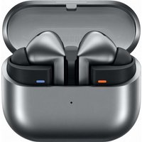 Silver Samsung Galaxy Buds3 Pro in open charging case, sleek design with ergonomic earbuds.