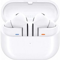 White Samsung Galaxy Buds3 Pro earbuds in open charging case with sleek design and LED indicators.