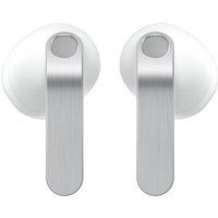 White Samsung Galaxy Buds4 wireless in-ear headset with sleek silver accents and Bluetooth connectivity.