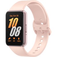 Pink gold Samsung Galaxy Fit3 smartwatch with 1.6" AMOLED touchscreen, displaying time, date, and health stats.