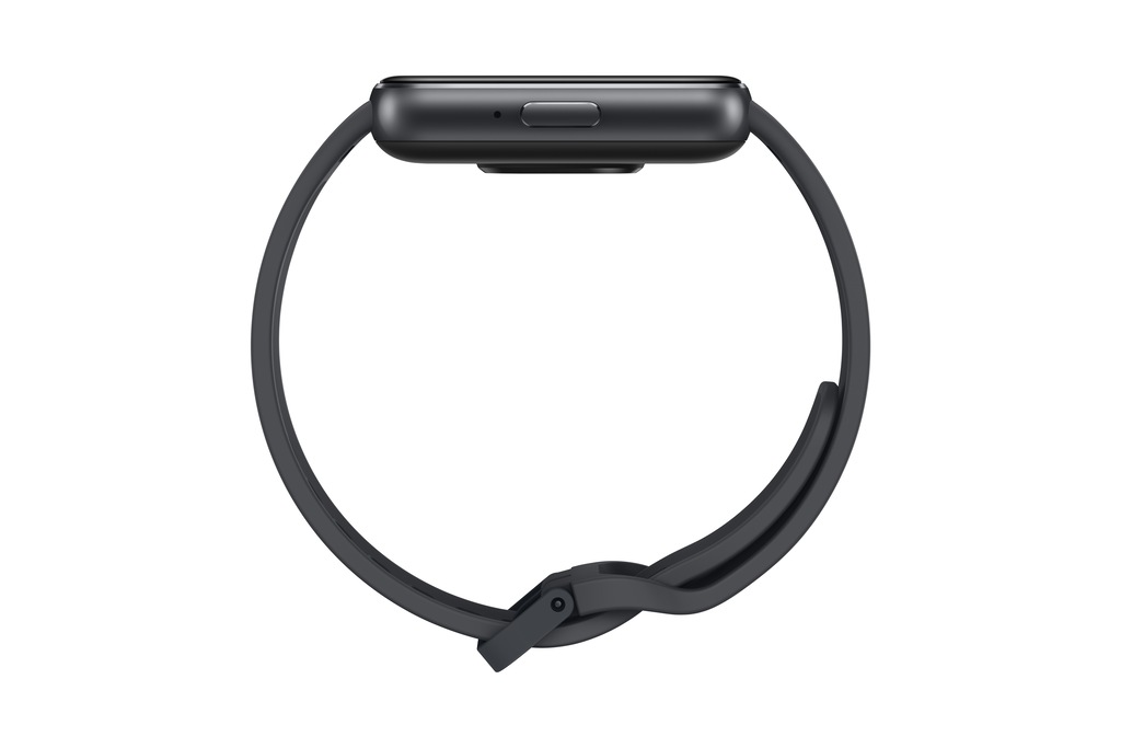 Samsung Galaxy Fit 3 R390 in gray, featuring a sleek, rounded design with a smooth plastic band and a minimalistic interface on the top. IP68 water-resistant rating.