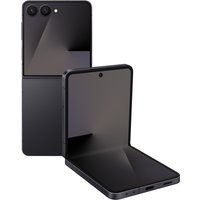 Foldable Samsung Galaxy Flip7 phone, black finish, dual rear cameras, open and closed positions shown.
