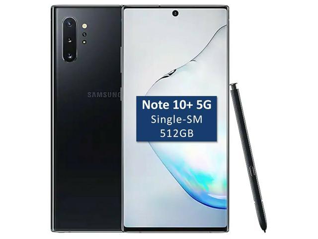 Samsung Galaxy Note 10+ 5G in Aura Black with a sleek glass back, featuring a large display, three rear cameras, and an S Pen positioned beside it.