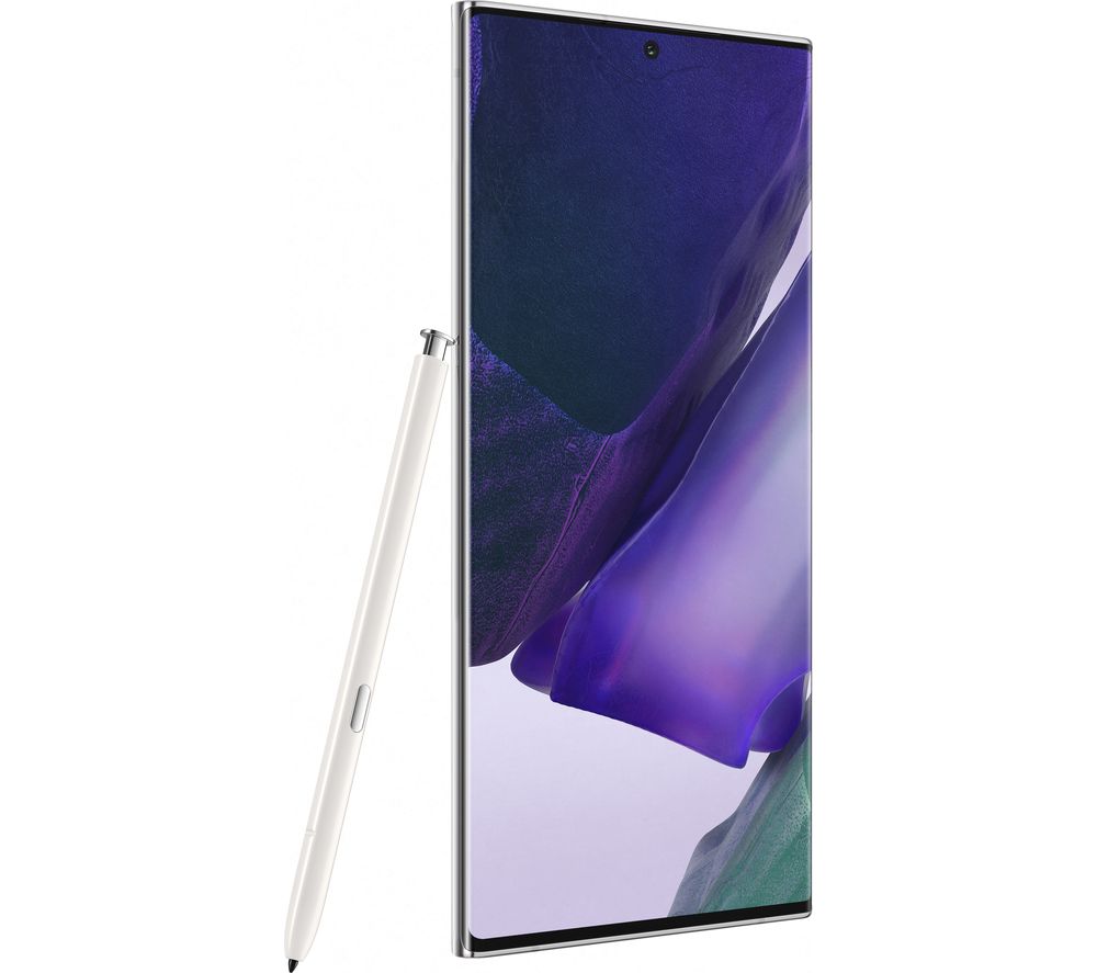 Samsung Galaxy Note 20 Ultra 5G in Mystic White with a sleek glass back, featuring a large display and an S Pen positioned beside it, highlighting its premium design.