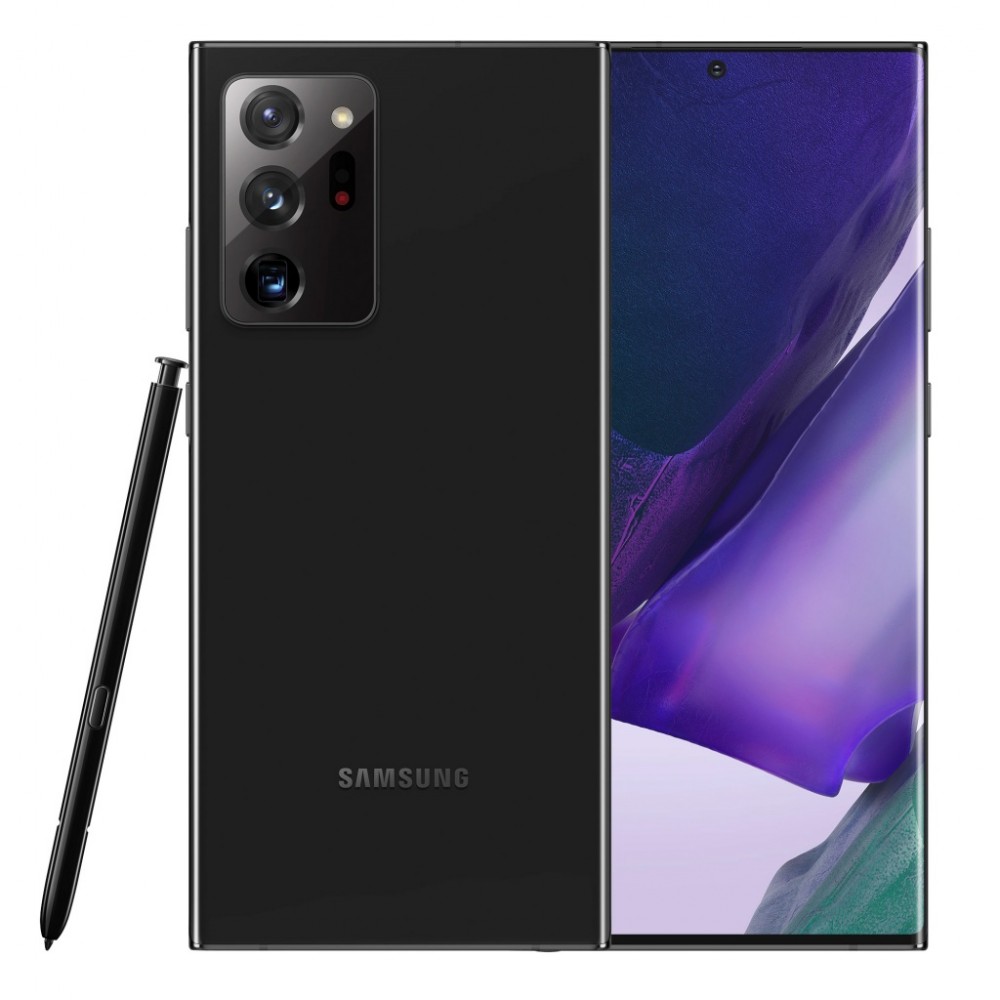 Samsung Galaxy Note 20 Ultra 5G in Mystic Black, featuring a sleek glass back, large display, and S Pen, with a premium condition and 512GB capacity.