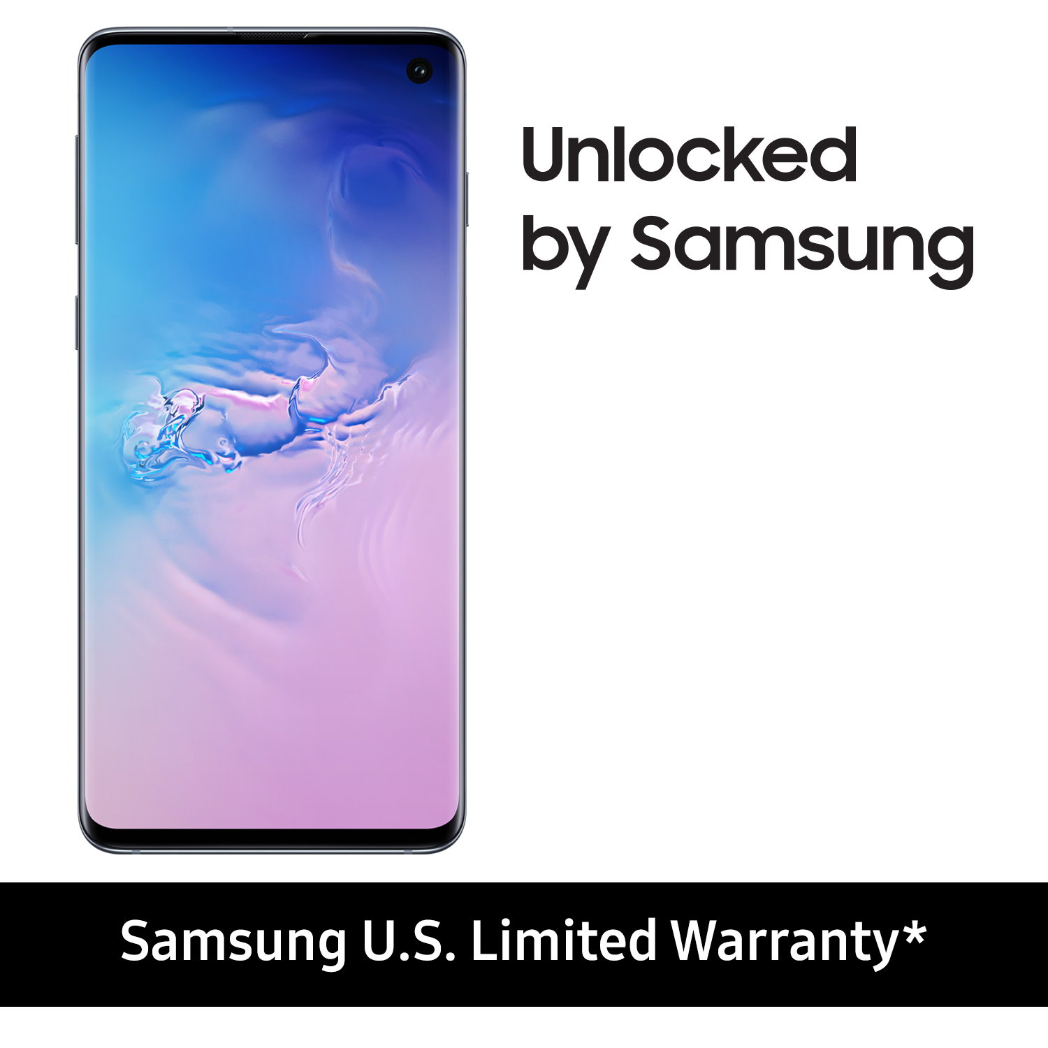 Samsung Galaxy S10+ in Prism Blue, featuring a 128GB capacity, sleek glass design, and an edge-to-edge display with a small front camera cutout.