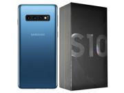 Samsung Galaxy S10 in Prism Blue with a sleek glass back, featuring a triple camera setup and displayed next to its black box labeled S10.