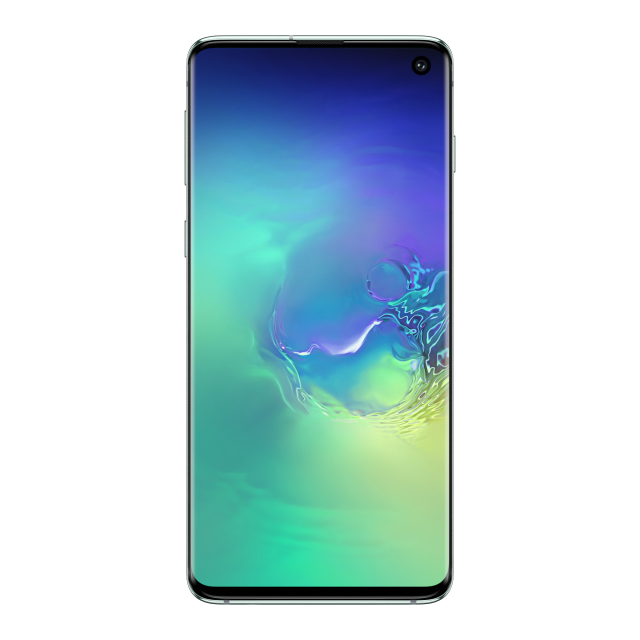 Samsung Galaxy S10 in Prism Green with a sleek glass finish, featuring a vibrant display and a small front camera cutout, showcasing its 128GB capacity.