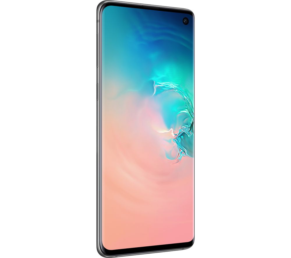 Samsung Galaxy S10 in Prism Silver, featuring a sleek glass body, 128GB capacity, and a vibrant display with a small front camera hole.