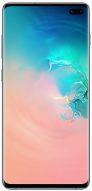 Samsung Galaxy S10+ in Prism White, featuring a sleek glass design, 128GB storage, and a vibrant edge-to-edge display with dual front cameras.
