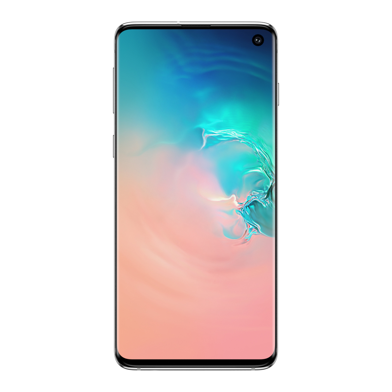 Samsung Galaxy S10 in Prism White with a 128GB capacity, featuring a sleek glass front, minimal bezels, and a vibrant display with a small front camera cutout.