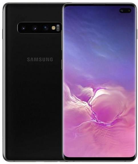 Samsung Galaxy S10 smartphone in Cardinal Red, featuring a 512GB capacity, with a sleek glass back and a vibrant display showcasing a colorful abstract wallpaper.