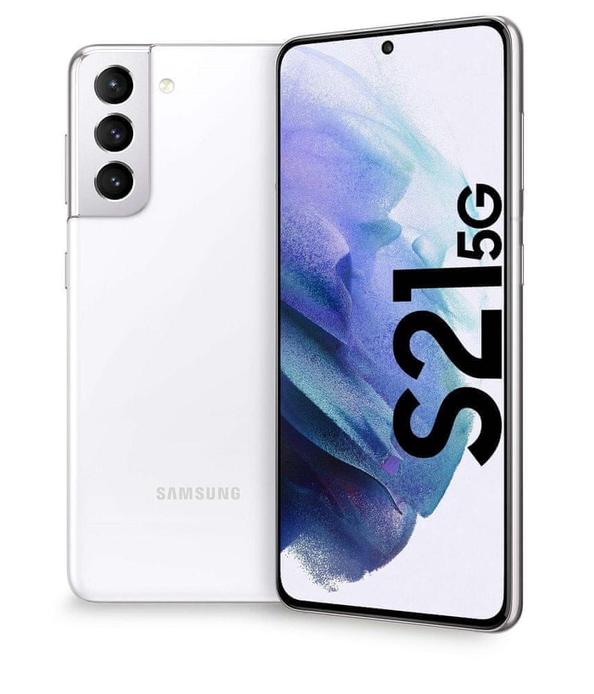 Samsung Galaxy S21 5G in a sleek white finish, featuring a vibrant display with the "S21 5G" logo, and a triple camera setup on the back.