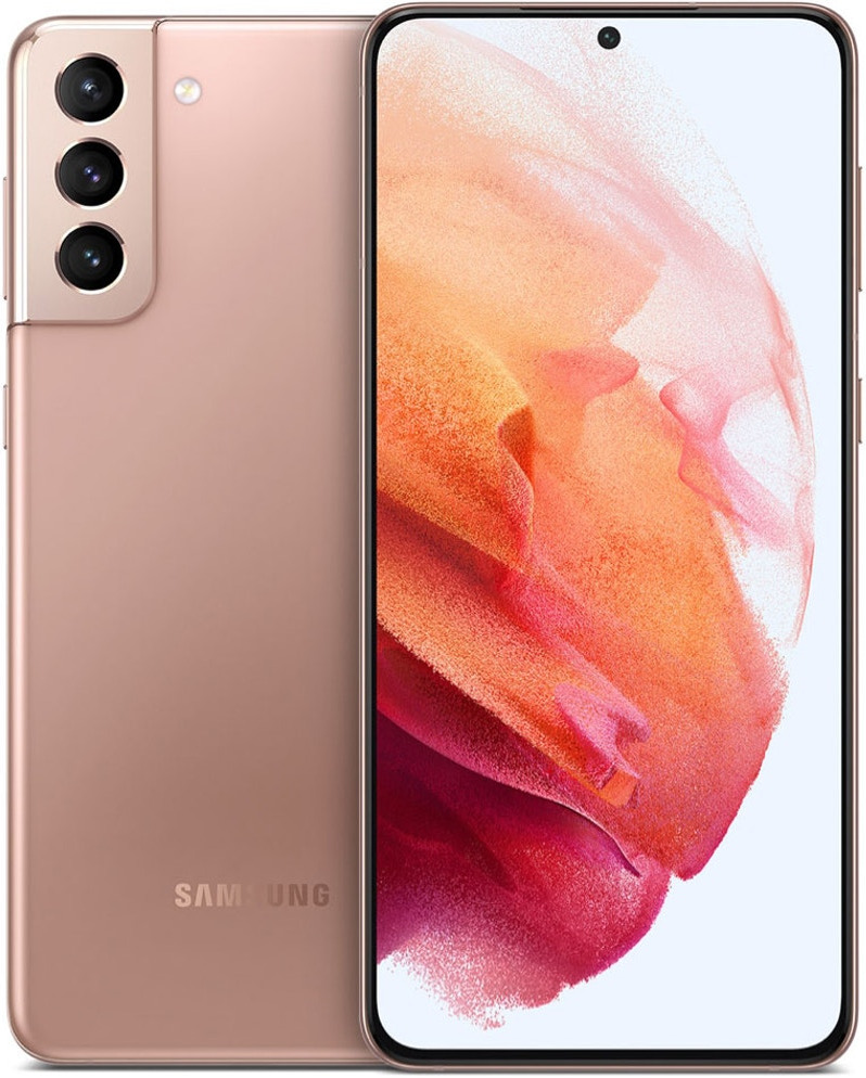 Samsung Galaxy S21+ 5G in Phantom Gold, featuring a sleek glass back, triple camera setup, and a vibrant display with a central front camera, showcasing its 256GB storage capacity.