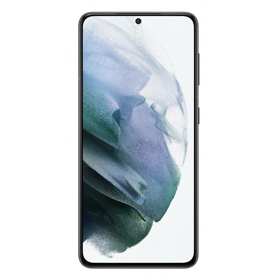 Samsung Galaxy S21 5G in Phantom Grey, featuring a sleek glass front, minimal bezels, and a vibrant display with a centered front camera cutout.
