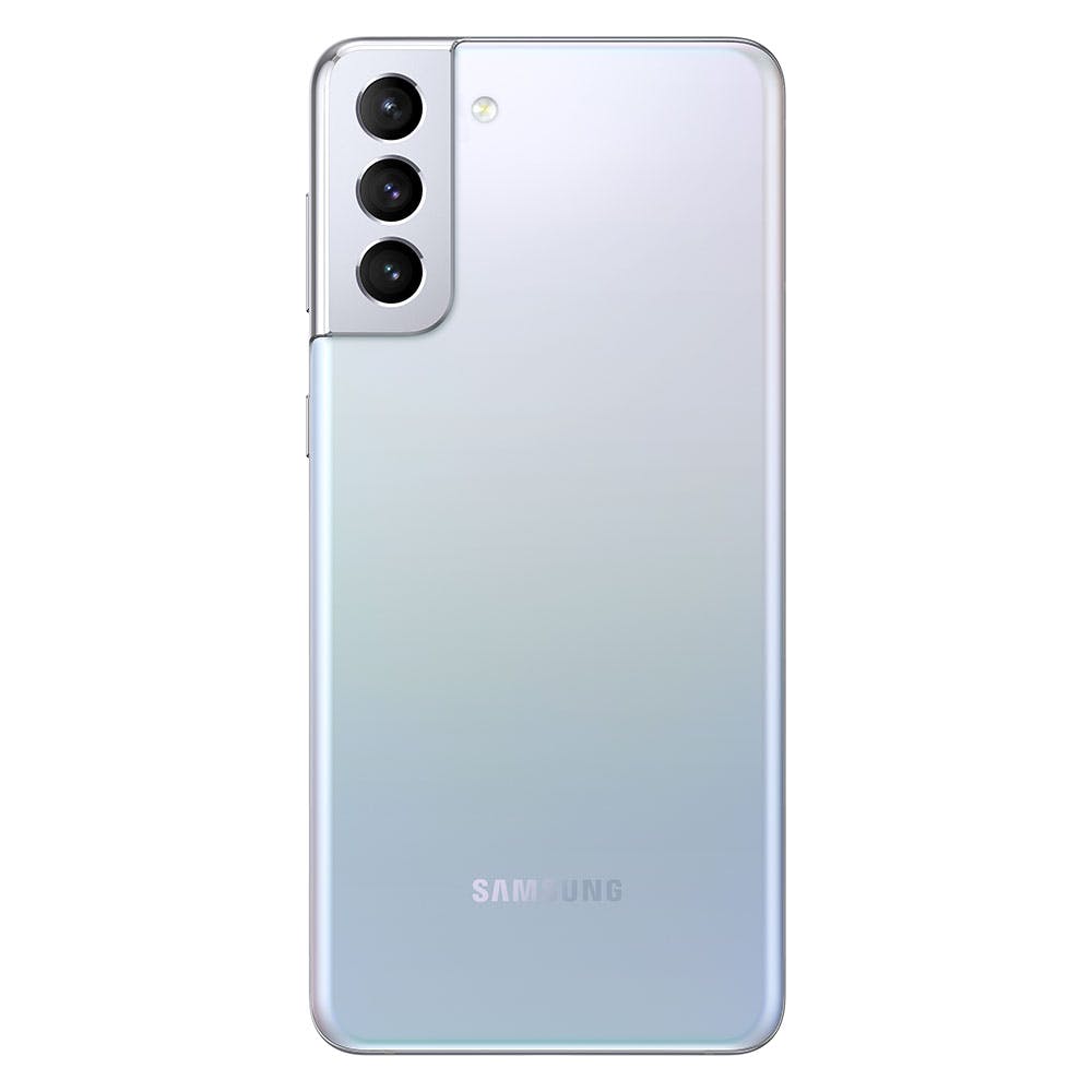 Samsung Galaxy S21+ 5G in Phantom Silver, featuring a sleek glass back, three rear cameras, and a subtle gradient finish, with a 256GB storage capacity.