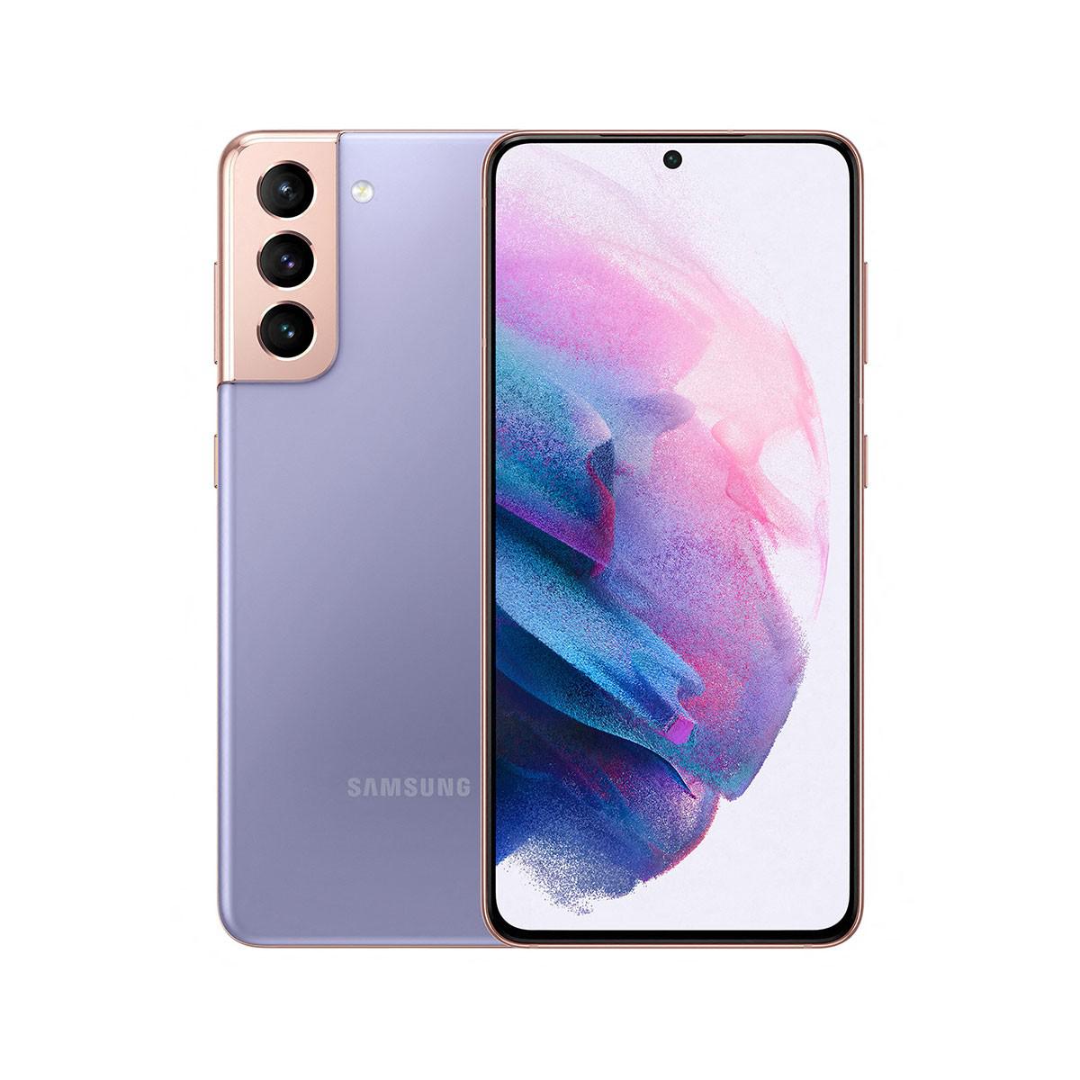 Samsung Galaxy S21 5G in Phantom Violet with a sleek design, featuring a vibrant display and three rear cameras, showcasing a modern, premium look.