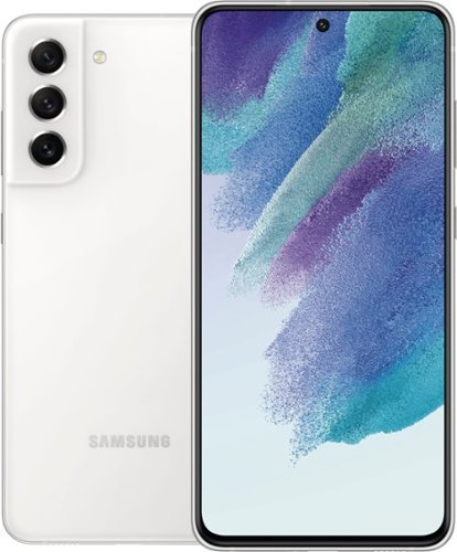 Samsung Galaxy S21 FE 5G in white, featuring a sleek glass back, triple rear camera setup, and a vibrant display with a centered front camera.