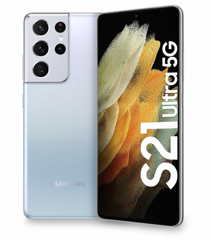 Samsung Galaxy S21 Ultra 5G in Phantom Navy, featuring a sleek glass back, large display, and triple camera setup, with "S21 Ultra 5G" prominently displayed on the screen.