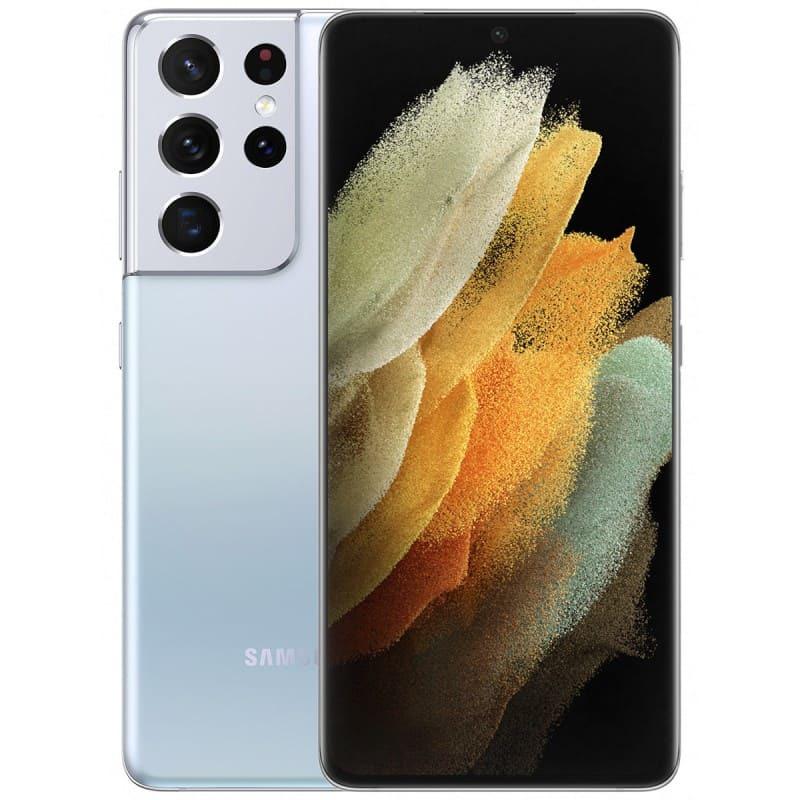 Samsung Galaxy S21 Ultra 5G in Phantom Silver, featuring a sleek glass back, large display, and multiple rear cameras, with a 128GB storage capacity in good condition.