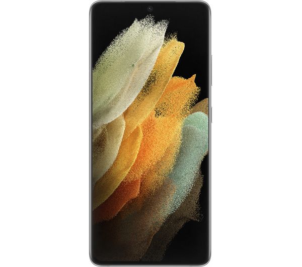 Samsung Galaxy S21 Ultra 5G in Phantom Silver, featuring a sleek glass and metal design, a large display with minimal bezels, and a vibrant abstract wallpaper.