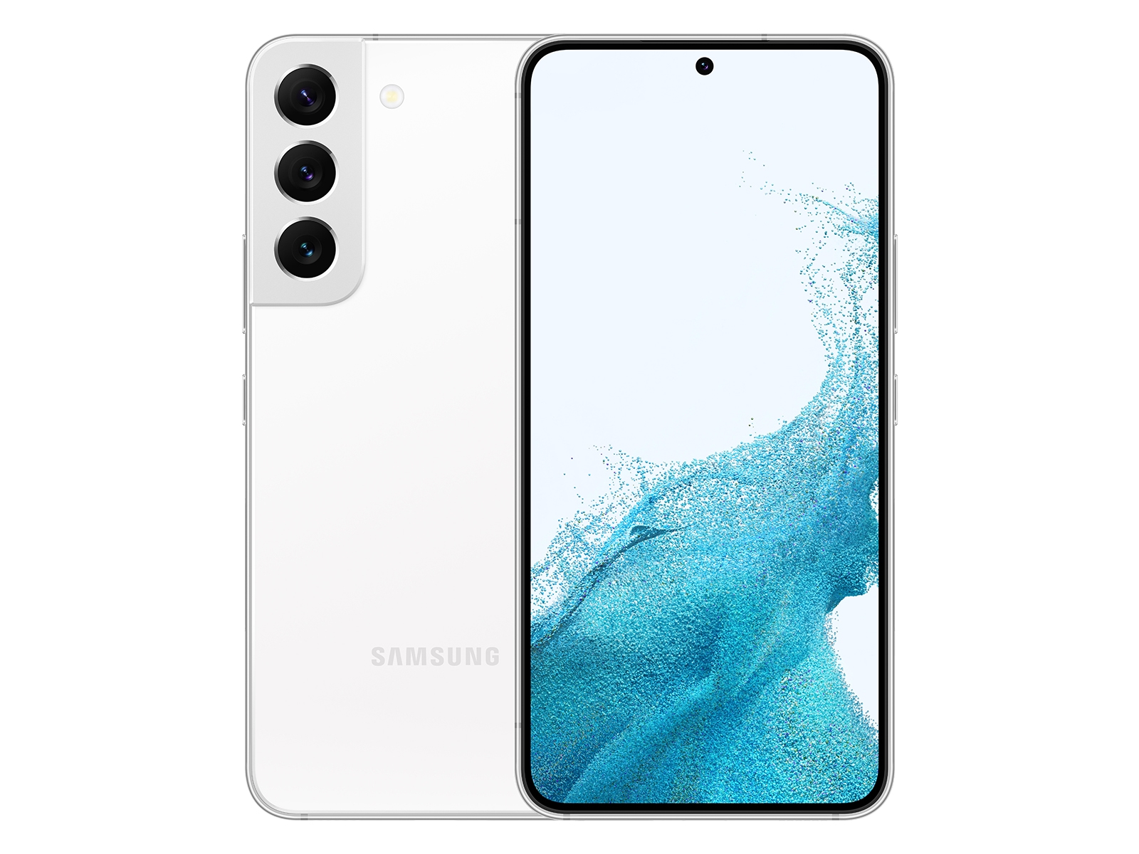 Samsung Galaxy S22 in white, featuring a sleek glass back, triple rear camera setup, and a vibrant display with a central front camera cutout.
