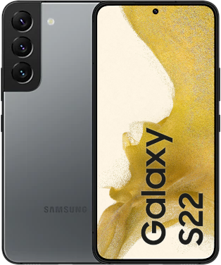 Samsung Galaxy S22 5G in Graphite color, featuring a sleek glass back, triple rear camera setup, and a vibrant display with "Galaxy S22" branding.