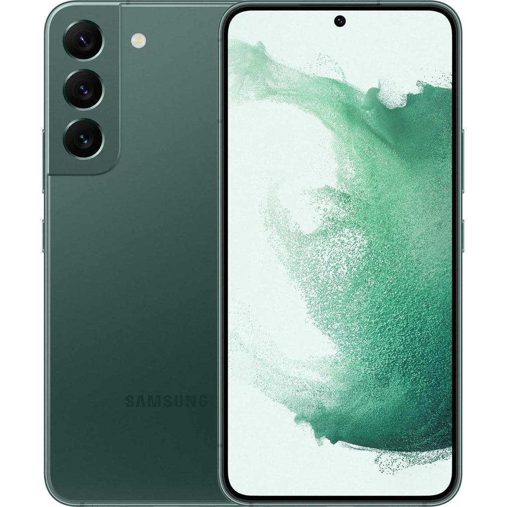 Samsung Galaxy S22 5G in green, featuring a sleek glass back, triple rear camera setup, and a vibrant display with a centered front camera, 128GB capacity, in premium condition.
