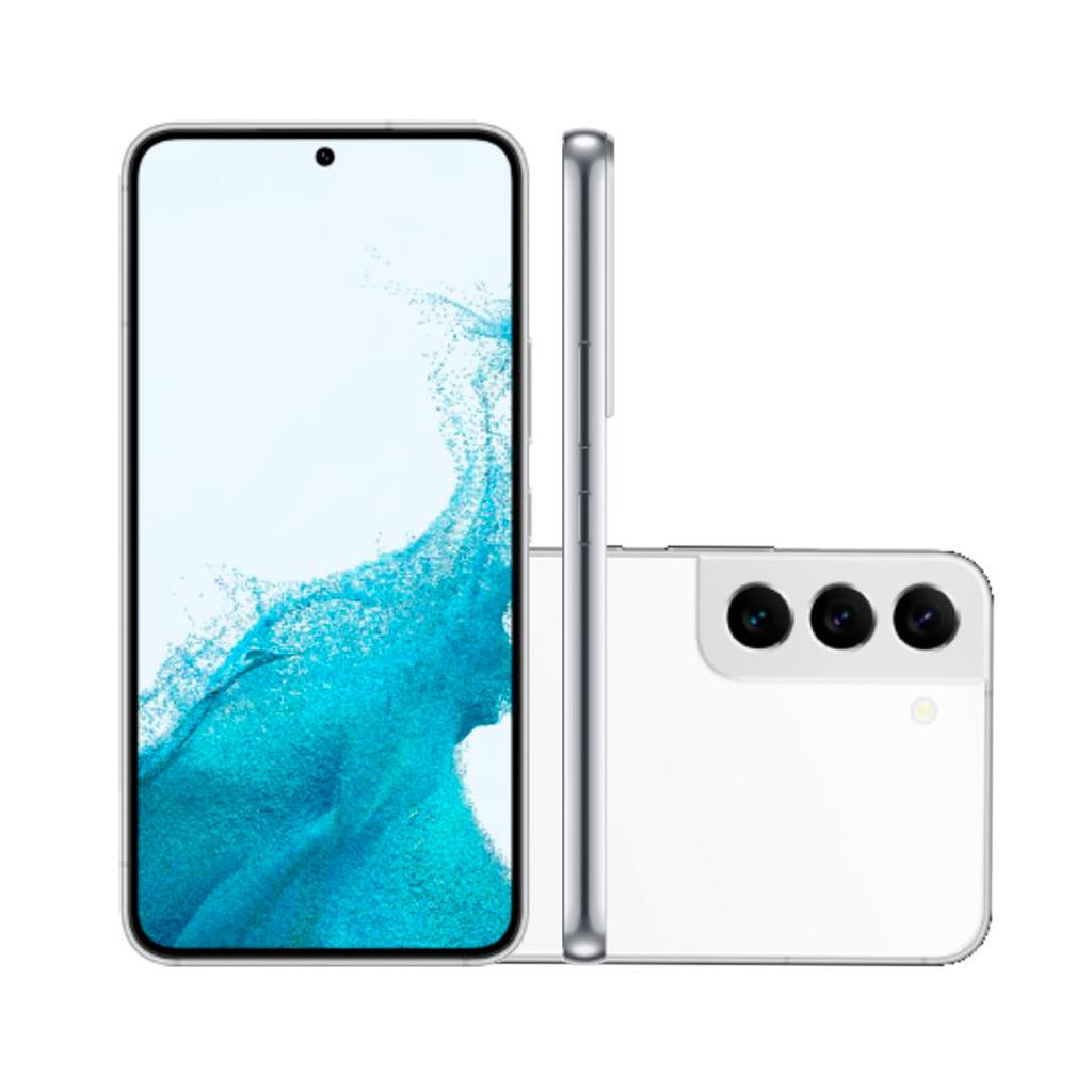 Samsung Galaxy S22 5G in Phantom White, featuring a sleek design, 128GB storage, and a vibrant display with a centered front camera and three rear cameras.