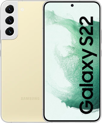 Samsung Galaxy S22 5G in cream color with a sleek glass back, featuring three rear cameras and a vibrant display showcasing "Galaxy S22" text.