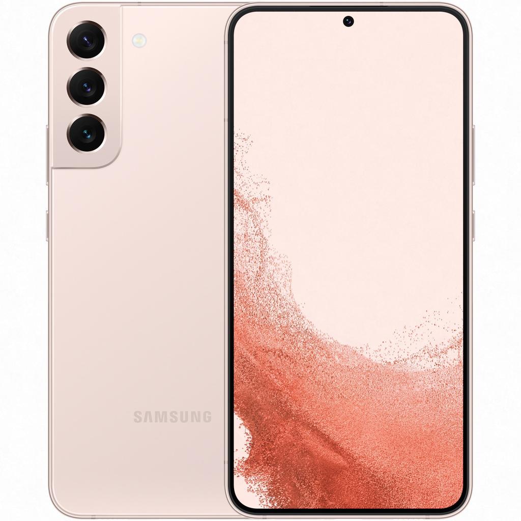 Samsung Galaxy S22 5G in Pink Gold with a sleek design, featuring a vibrant display, three rear cameras, and a premium finish, showcasing its 256GB storage capacity.