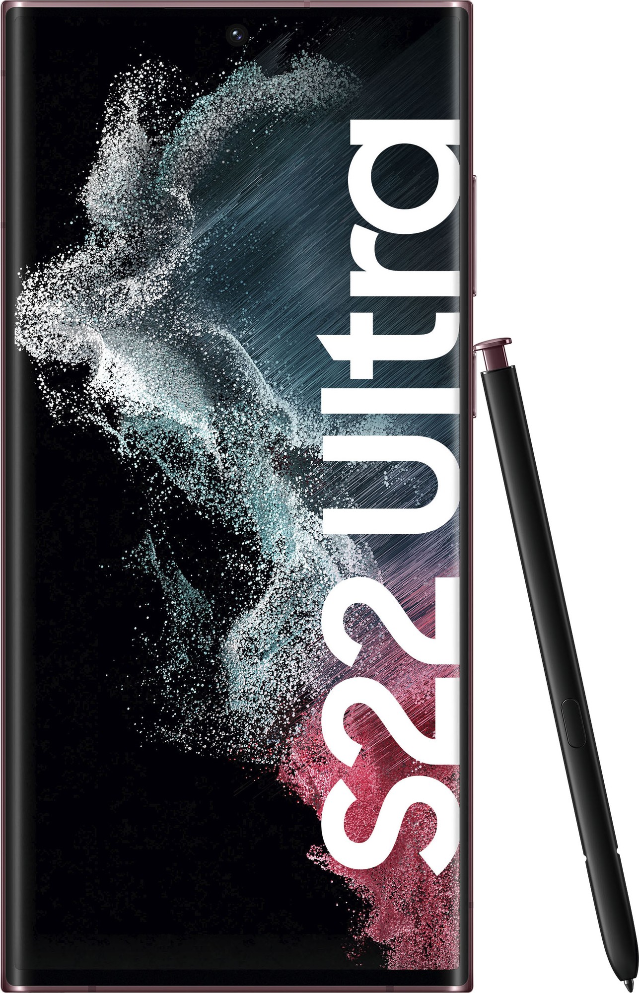 Samsung Galaxy S22 Ultra 5G in Burgundy Red, featuring a sleek glass design, prominent "S22 Ultra" branding, and an included stylus beside the device.